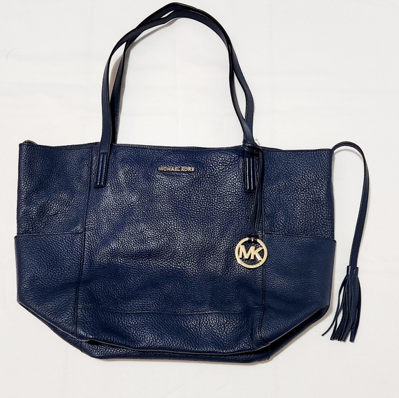 Michael Kors Saffiano Leather Large Shoulder Bag Purse Tote Navy Blue - Picture 2 of 13